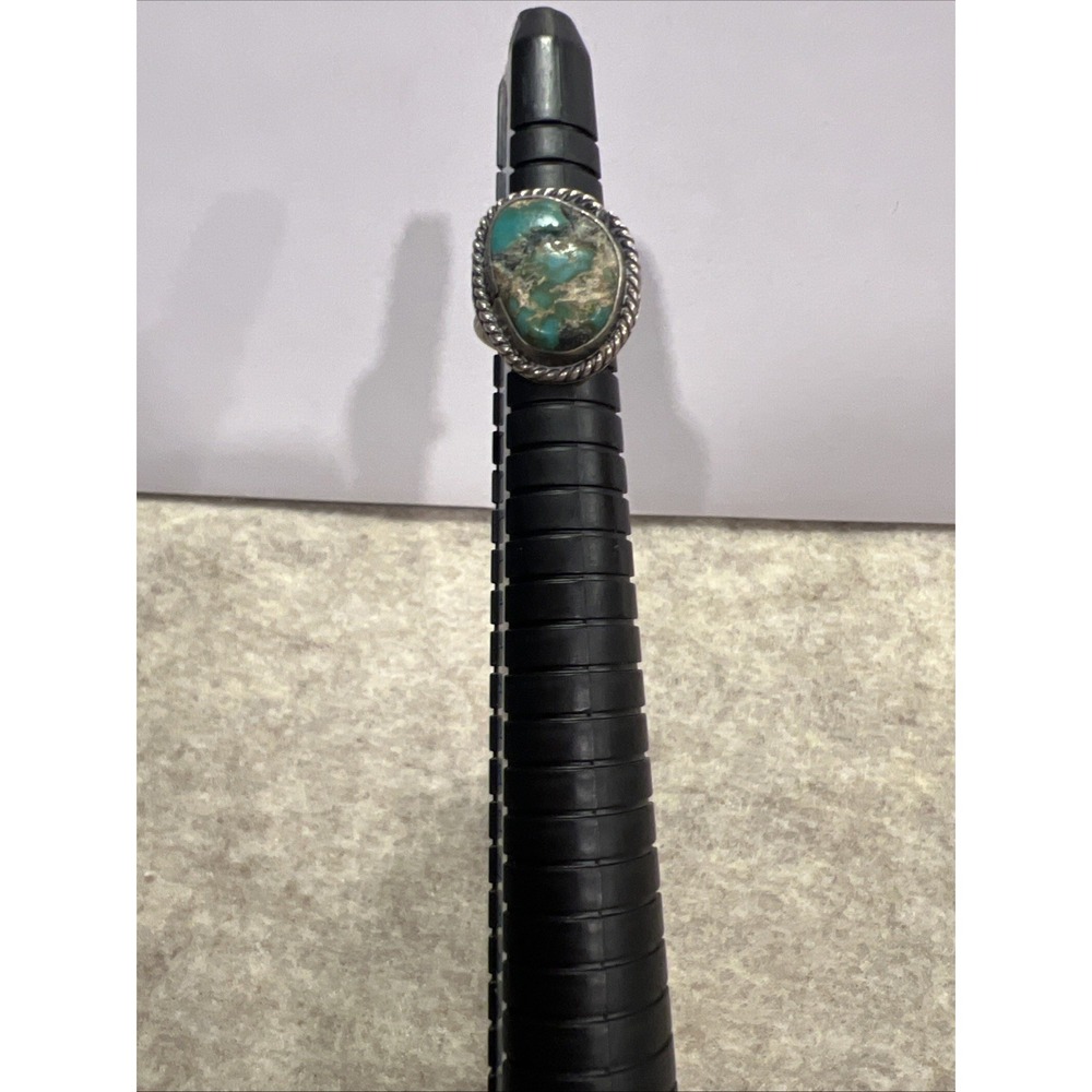Vintage NATIVE AMERICAN SOUTHWEST INDIAN STERLING GREEN TURQUOISE RING sz 3 1/2 - Picture 6 of 9